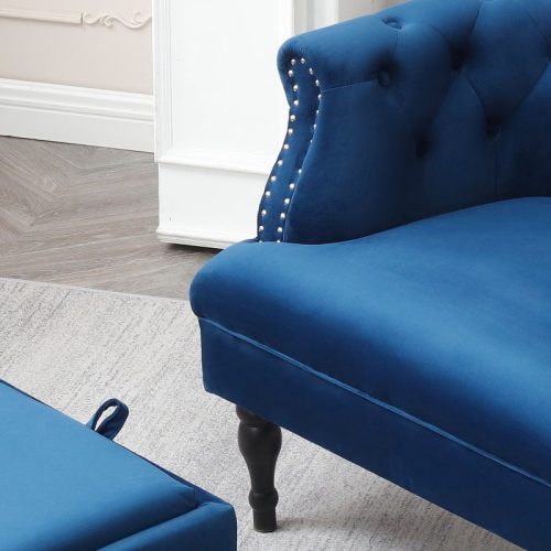 Set of Upholstered Velvet Accent Chair and Storage Ottoman Blue in Details