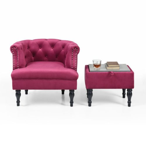 Set of Upholstered Velvet Accent Chair and Storage Ottoman Fuchsia Front