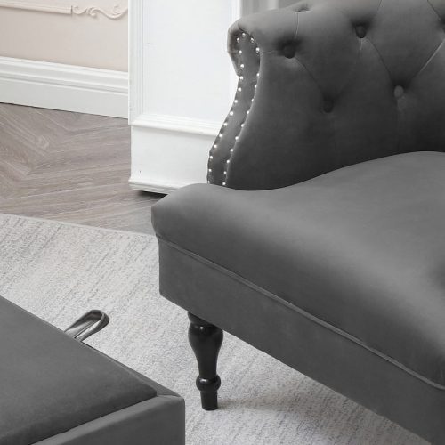 Set of Upholstered Velvet Accent Chair and Storage Ottoman Gray Details