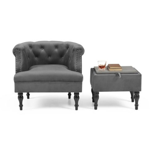 Set of Upholstered Velvet Accent Chair and Storage Ottoman Gray Front