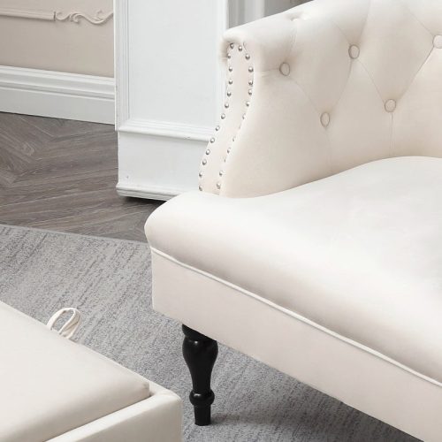 Set of Upholstered Velvet Accent Chair and Storage Ottoman White Details