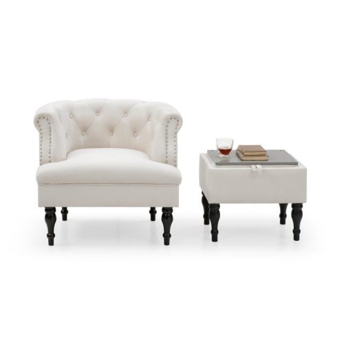 Set of Upholstered Velvet Accent Chair and Storage Ottoman White Front