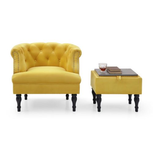 Set of Upholstered Velvet Accent Chair and Storage Ottoman Yellow Front