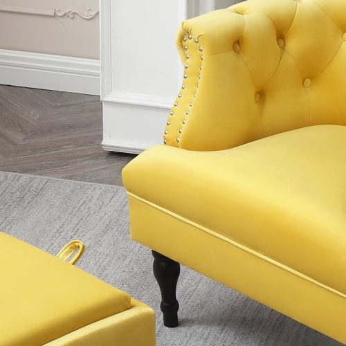 Set of Upholstered Velvet Accent Chair and Storage Ottoman Yellow in Detail