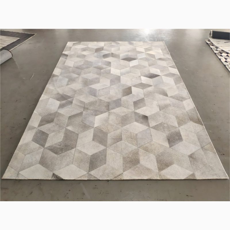 Stylish Grey Cowhide Carpet with Geometric Pattern