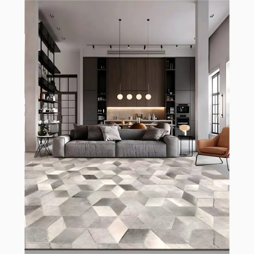 Stylish Grey Cowhide Carpet with Geometric Pattern for Home Decor