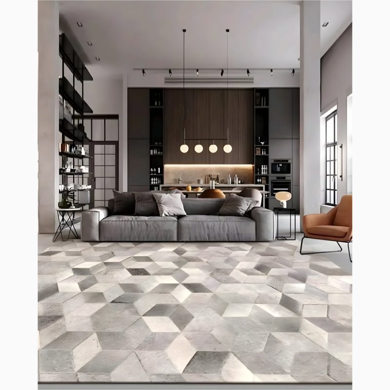 Stylish Grey Cowhide Carpet with Geometric Pattern for Home Decor