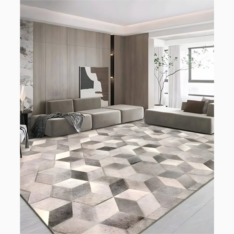 Modern Grey Cowhide Carpet with a Geometric Design | Chic cowhide rug | Sleek grey tones | Natural texture | Stylish geometric pattern