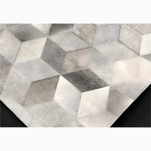 Stylish Grey Cowhide Carpet with Geometric Pattern in Detail