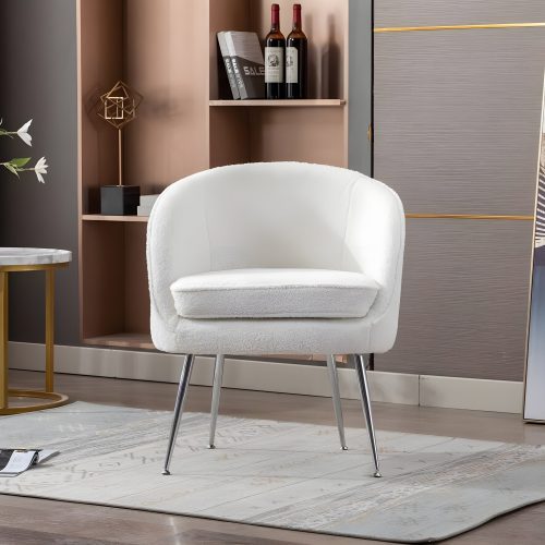 Teddy Fabric Accent Armchair With Electroplated Chrome Legs White Front