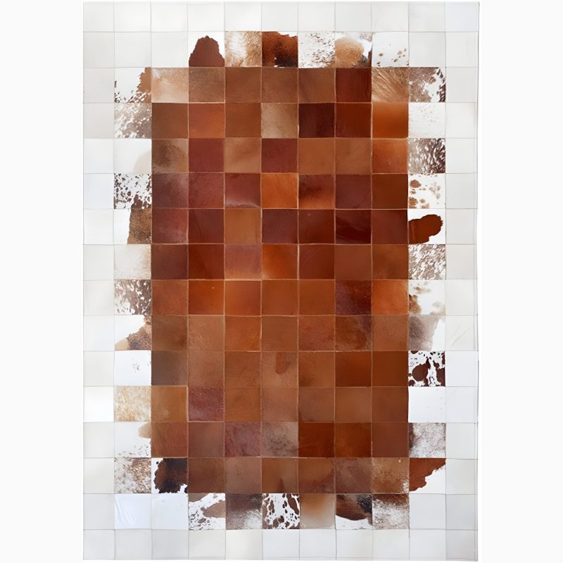 White and brown cowhide rectangular rug for the parlor, ideal for creating a cozy atmosphere